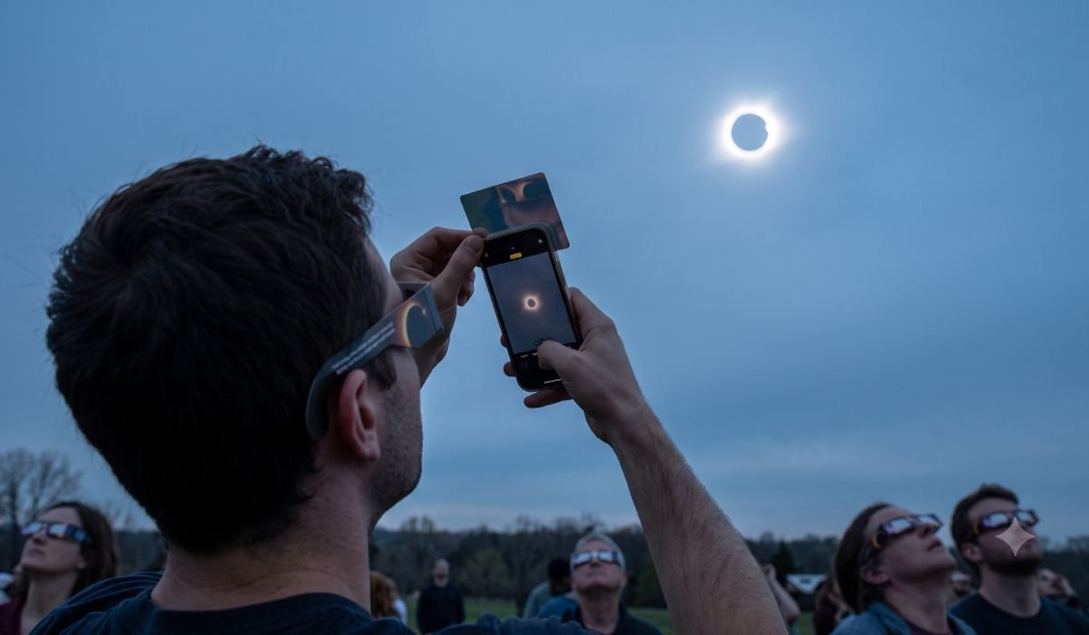 persona fotografiando eclipse solar 12 de agosto para redes sociales