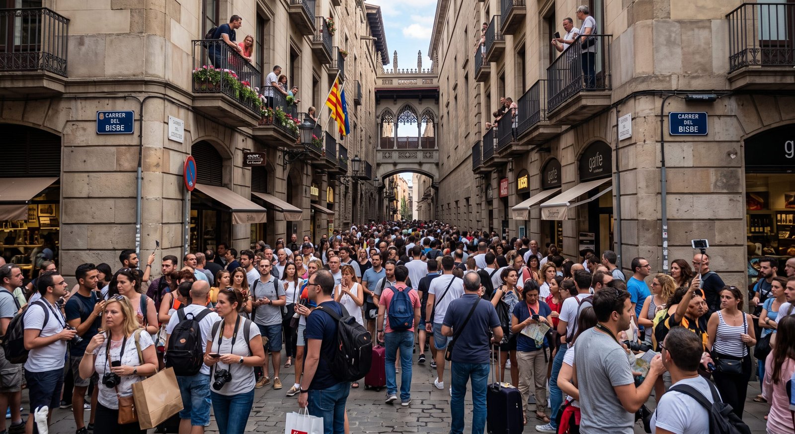 Calles de Barcelona con turismo masivo