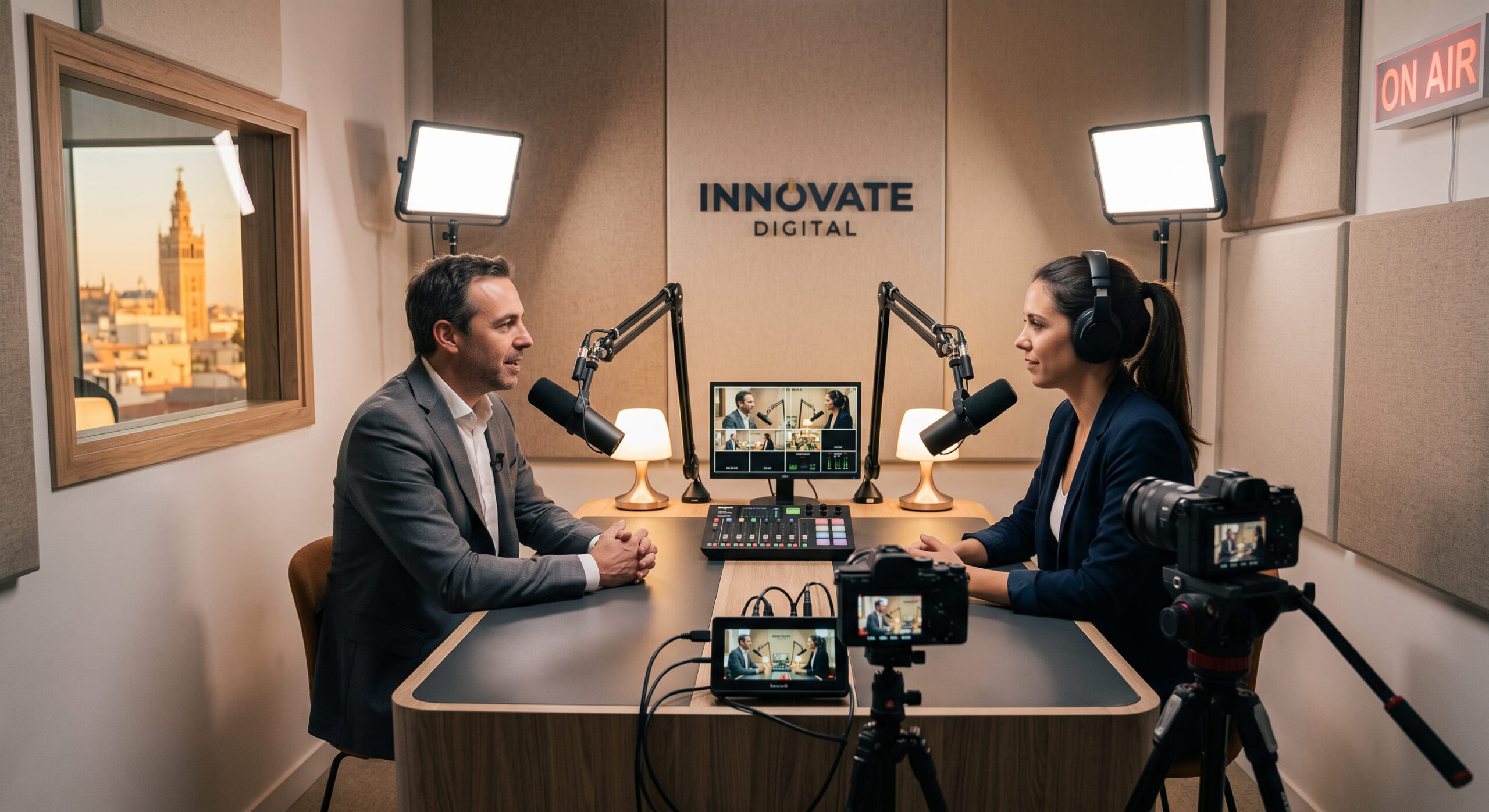 Dos profesionales grabando un podcast en vídeo en un estudio pequeño