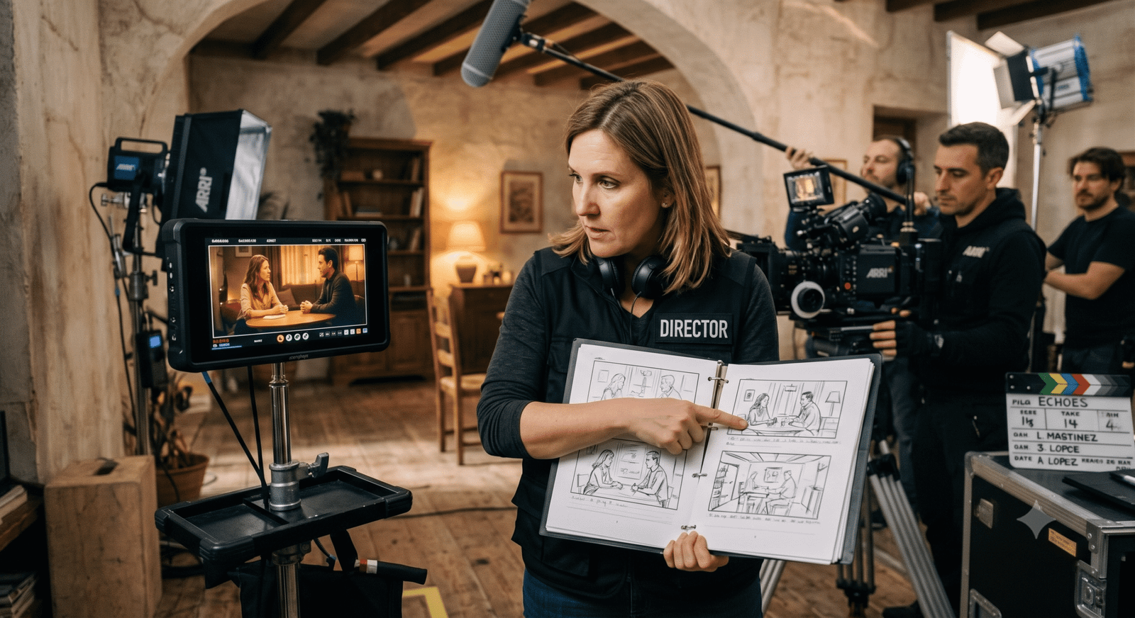 Director revisando un storyboard junto a un monitor durante la producción de una campaña audiovisual