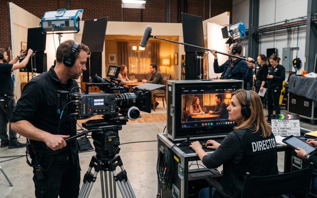 Equipo de rodaje profesional en un set con cámara de cine, luces y monitor de dirección