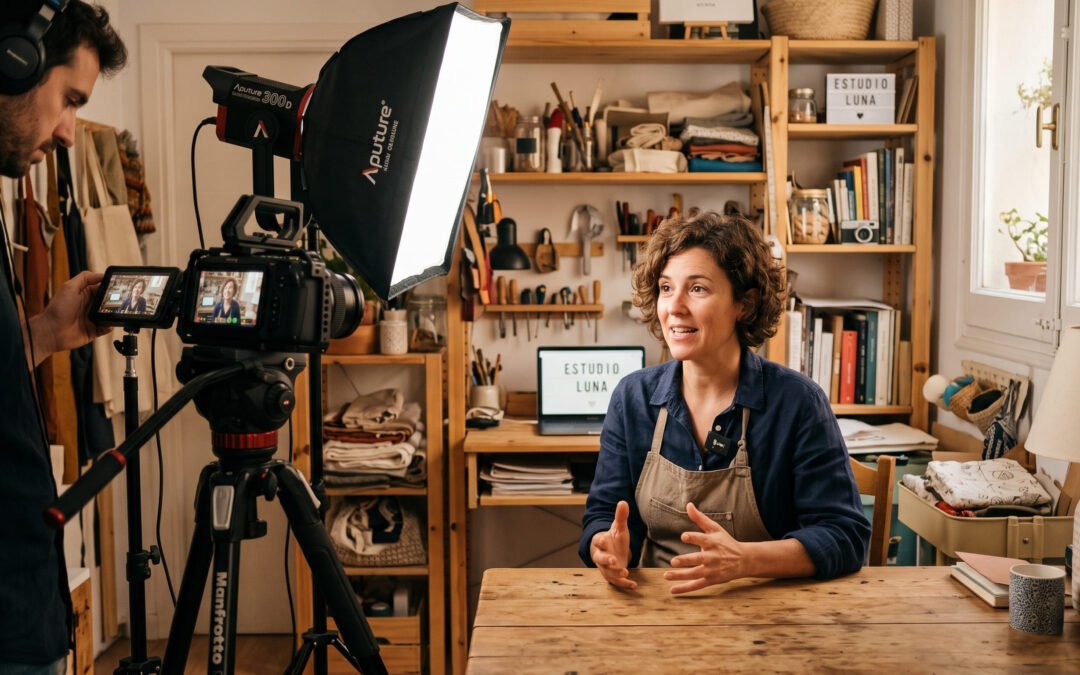 Rodaje de un vídeo promocional en una pequeña empresa con cámara en trípode e iluminación suave