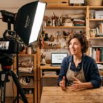 Rodaje de un vídeo promocional en una pequeña empresa con cámara en trípode e iluminación suave