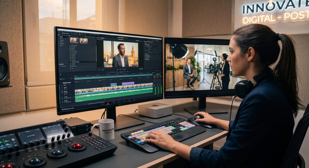 Edición de vídeo en un ordenador con la línea de tiempo y las pistas de audio a la vista