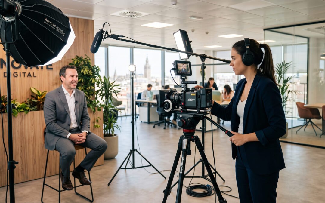 Persona grabando un vídeo corporativo con cámara, iluminación de estudio y micrófono en una oficina