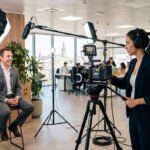 Persona grabando un vídeo corporativo con cámara, iluminación de estudio y micrófono en una oficina