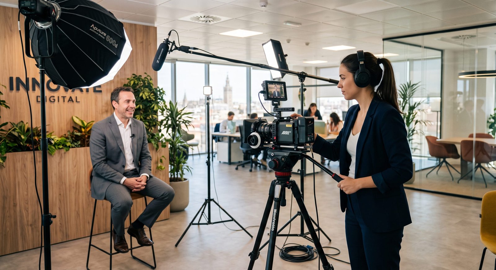Persona grabando un vídeo para su empresa con cámara, iluminación y micrófono