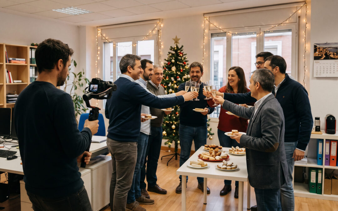 Cena de empresa navideña grabada para un vídeo de felicitación