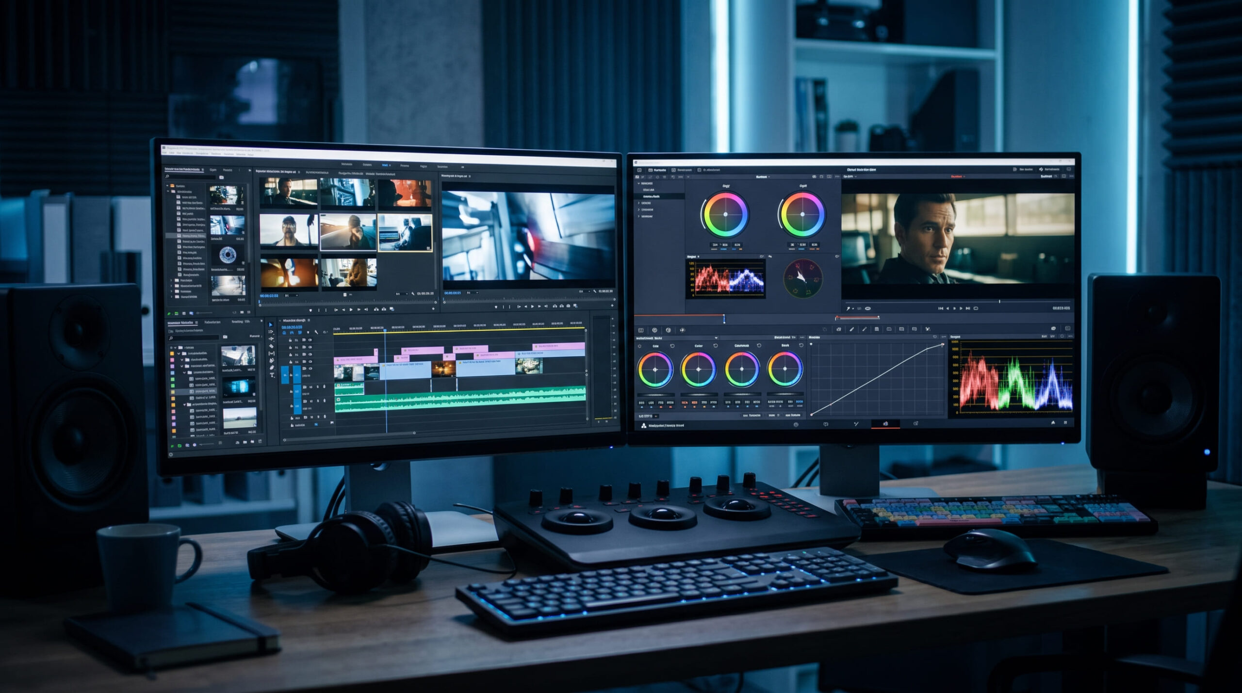 Puesto de edición de vídeo con la línea de tiempo y la corrección de color en pantalla